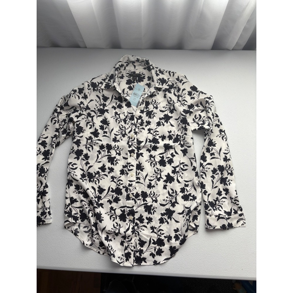 Ann Taylor Petite Black Floral Button Down Shirt Long Sleeve Blouse XXS‎